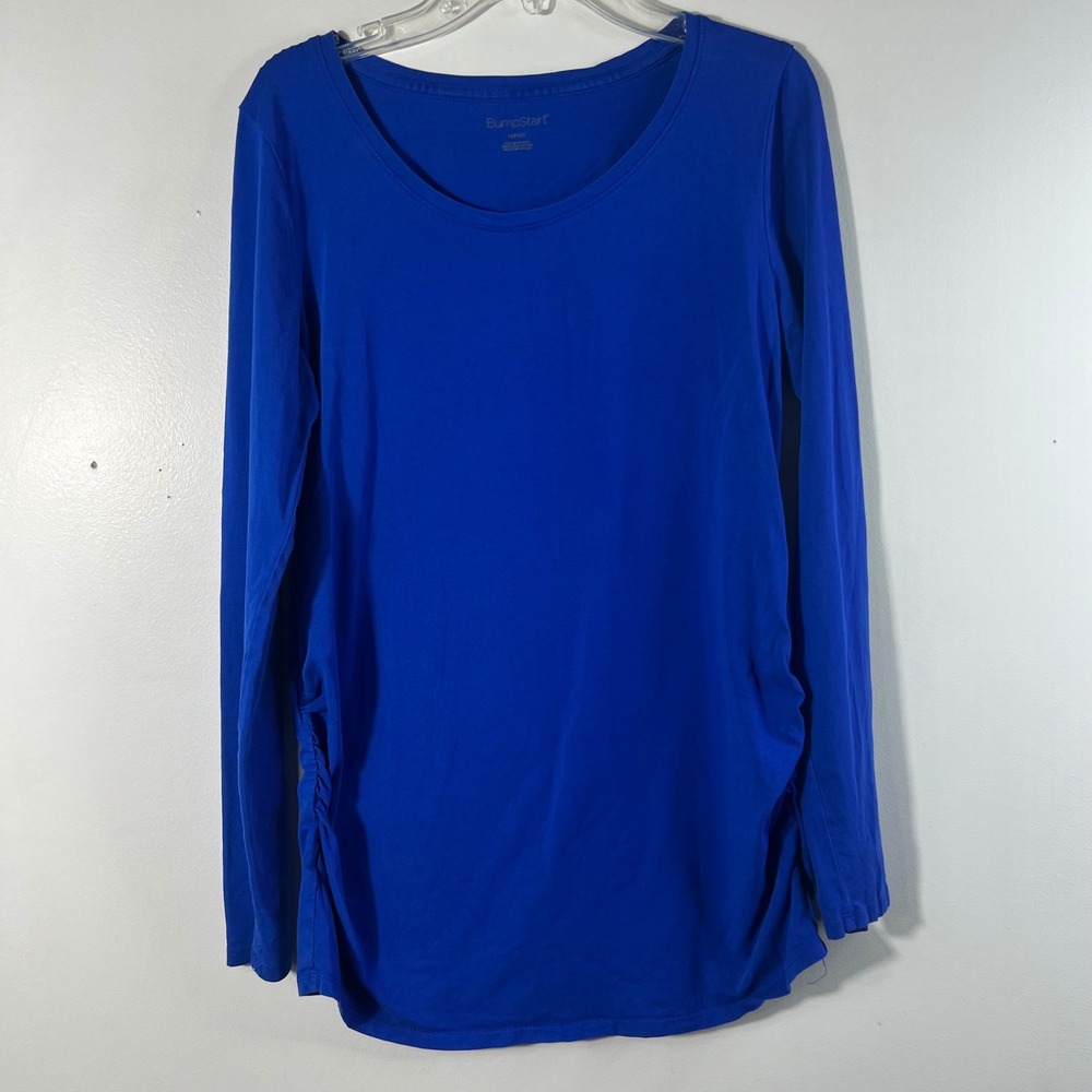 Bumpstart Maternity Ruched Long Sleeve‎ Stretch Tee Shirt Blue M Cotton Spandex